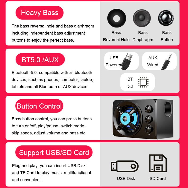 Computer Combination Speakers AUX USB Wired Wireless Bluetooth Audio System Home Theater Surround SoundBar for PC TV