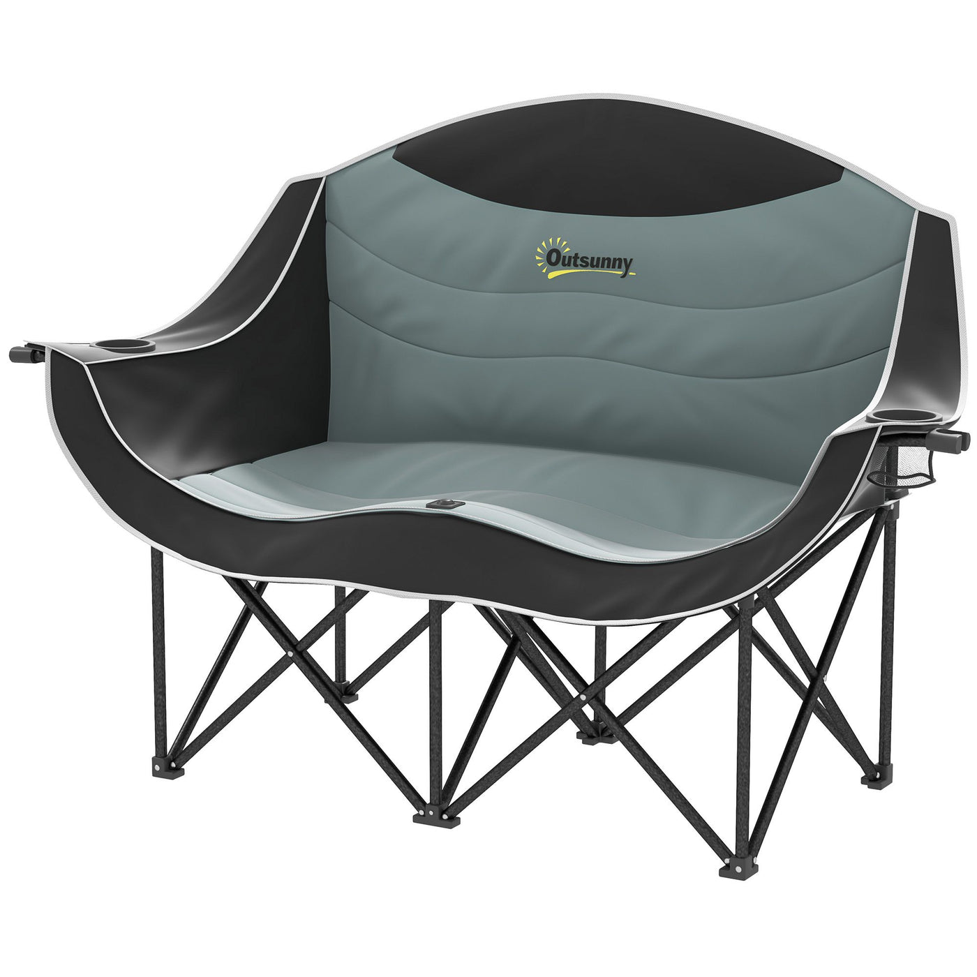 Outsunny Padded Folding Camp Chair for Adults, Double Camping Chairwith Armrests, Cup Holders, Carry Bag for Outdoor, Black