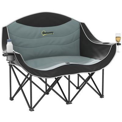 Outsunny Padded Folding Camp Chair for Adults, Double Camping Chairwith Armrests, Cup Holders, Carry Bag for Outdoor, Black