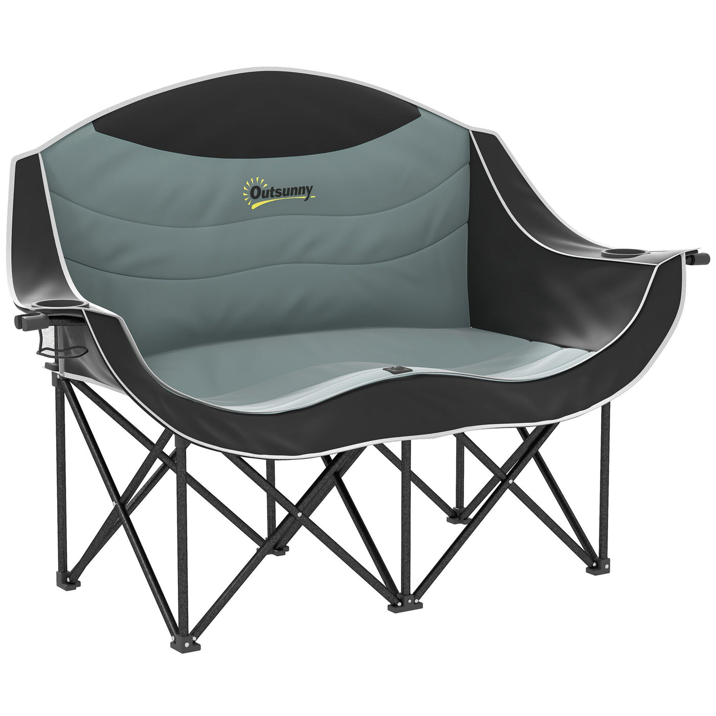 Outsunny Padded Folding Camp Chair for Adults, Double Camping Chairwith Armrests, Cup Holders, Carry Bag for Outdoor, Black