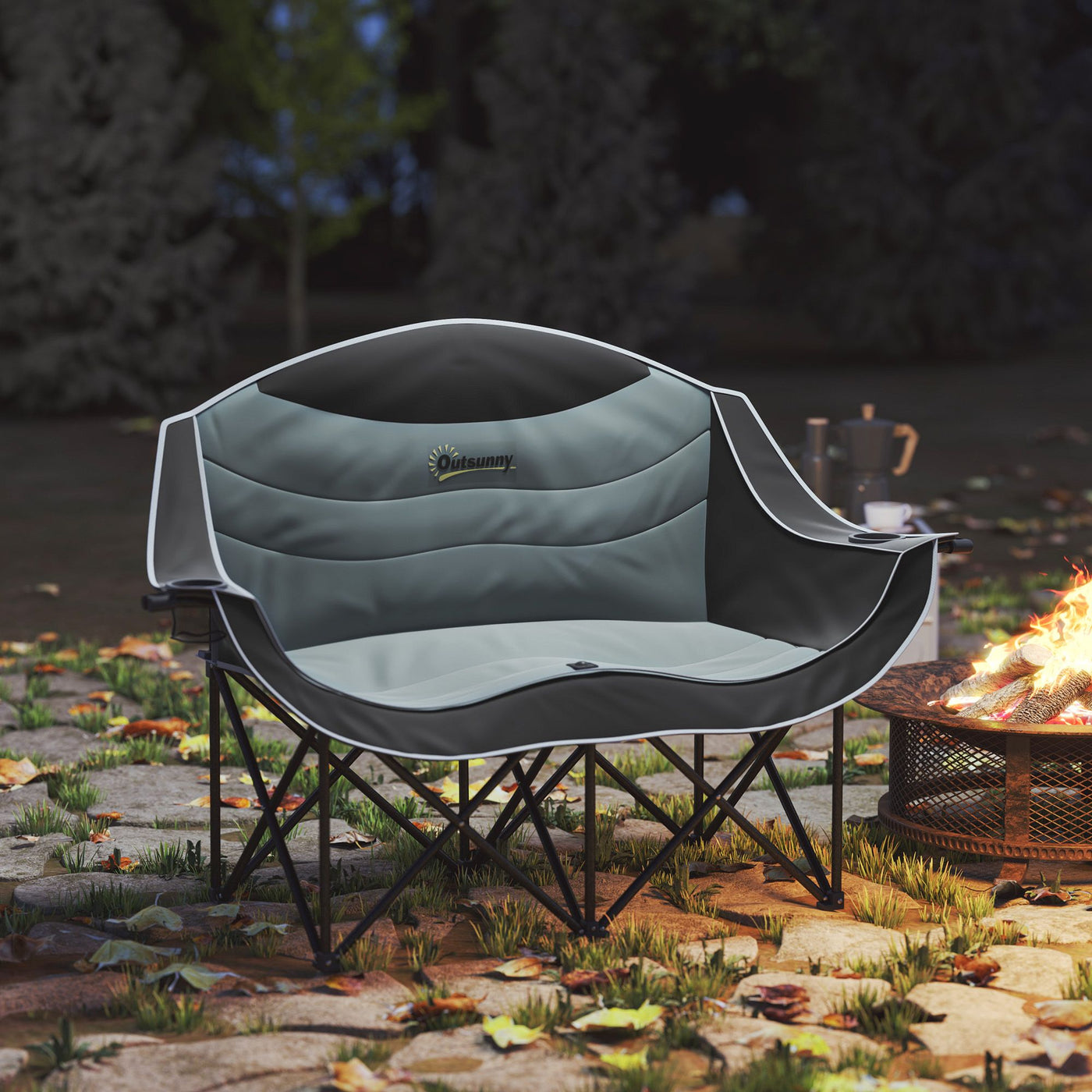 Outsunny Padded Folding Camp Chair for Adults, Double Camping Chairwith Armrests, Cup Holders, Carry Bag for Outdoor, Black