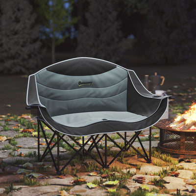 Outsunny Padded Folding Camp Chair for Adults, Double Camping Chairwith Armrests, Cup Holders, Carry Bag for Outdoor, Black