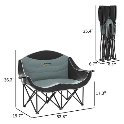 Outsunny Padded Folding Camp Chair for Adults, Double Camping Chairwith Armrests, Cup Holders, Carry Bag for Outdoor, Black