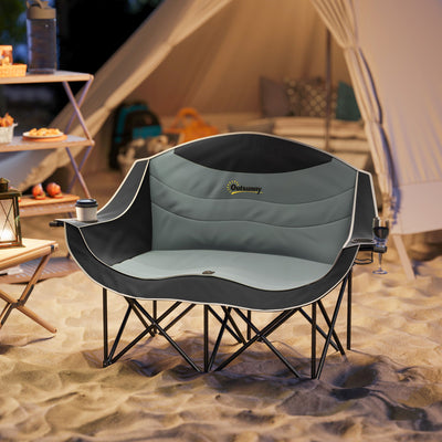 Outsunny Padded Folding Camp Chair for Adults, Double Camping Chairwith Armrests, Cup Holders, Carry Bag for Outdoor, Black