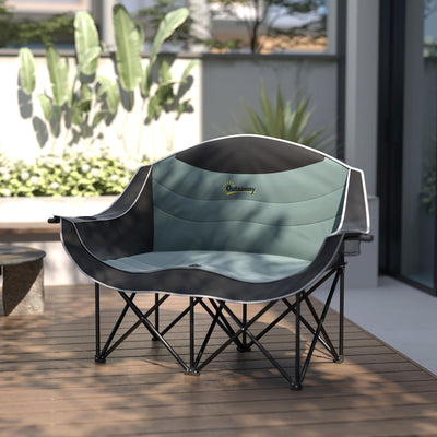 Outsunny Padded Folding Camp Chair for Adults, Double Camping Chairwith Armrests, Cup Holders, Carry Bag for Outdoor, Black