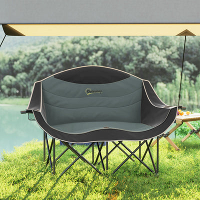 Outsunny Padded Folding Camp Chair for Adults, Double Camping Chairwith Armrests, Cup Holders, Carry Bag for Outdoor, Black