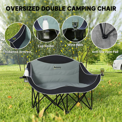 Outsunny Padded Folding Camp Chair for Adults, Double Camping Chairwith Armrests, Cup Holders, Carry Bag for Outdoor, Black