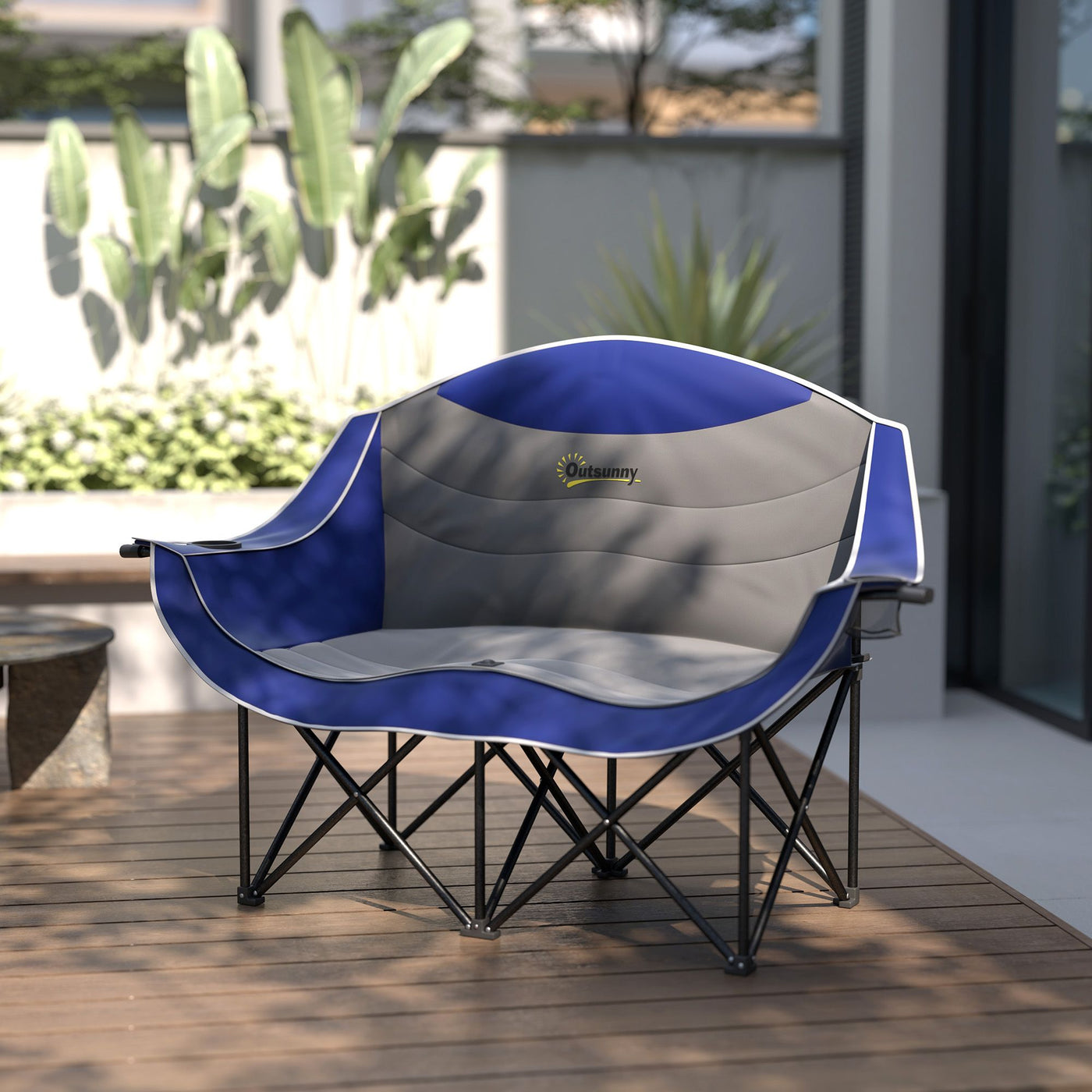 Outsunny Padded Folding Camp Chair for Adults, Double Camping Chairwith Armrests, Cup Holders, Carry Bag for Outdoor, Blue