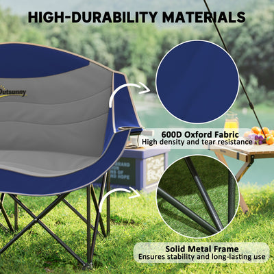 Outsunny Padded Folding Camp Chair for Adults, Double Camping Chairwith Armrests, Cup Holders, Carry Bag for Outdoor, Blue