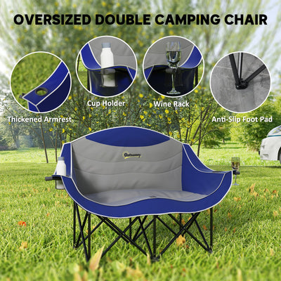 Outsunny Padded Folding Camp Chair for Adults, Double Camping Chairwith Armrests, Cup Holders, Carry Bag for Outdoor, Blue