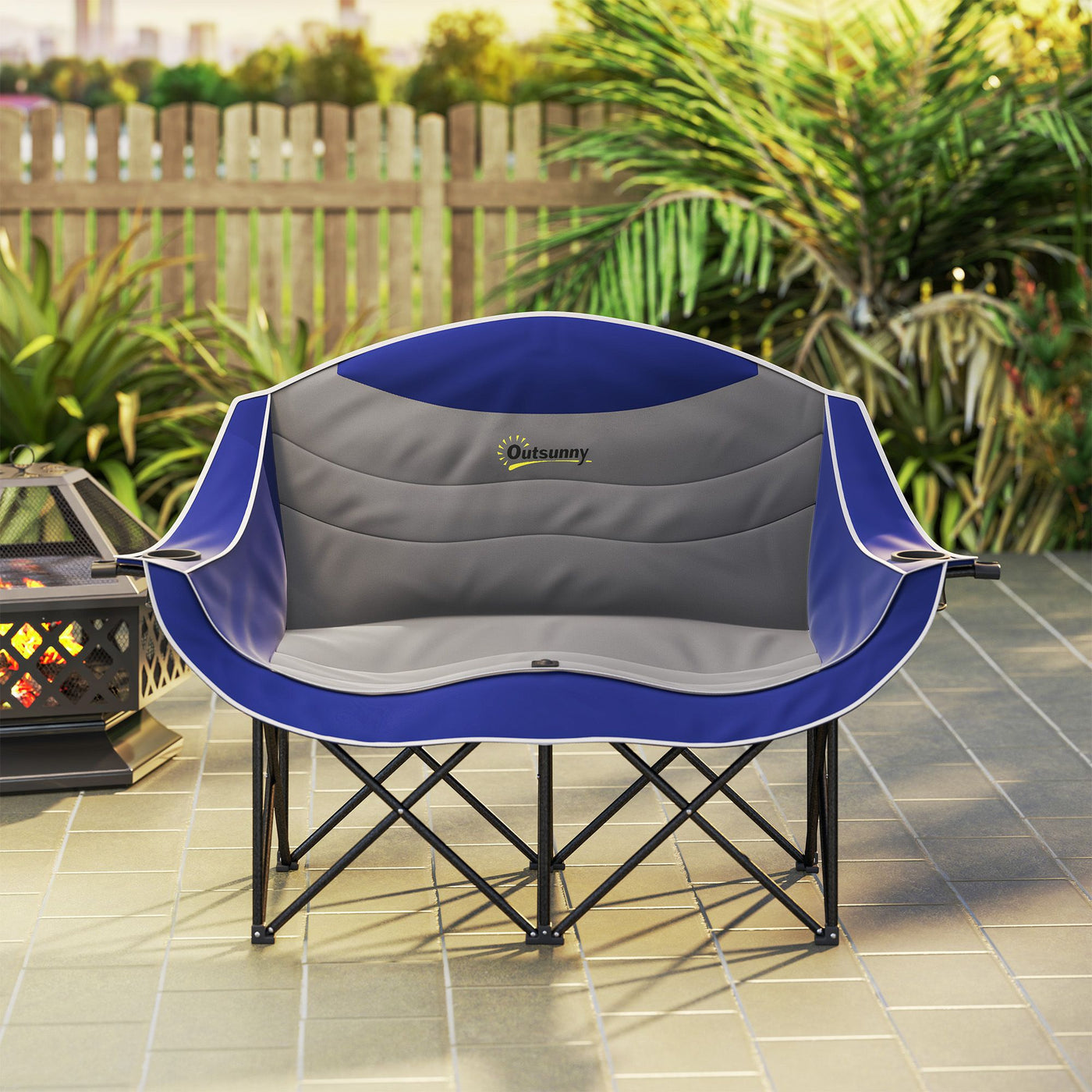 Outsunny Padded Folding Camp Chair for Adults, Double Camping Chairwith Armrests, Cup Holders, Carry Bag for Outdoor, Blue