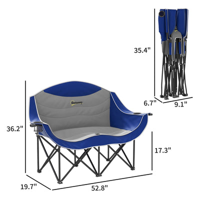 Outsunny Padded Folding Camp Chair for Adults, Double Camping Chairwith Armrests, Cup Holders, Carry Bag for Outdoor, Blue