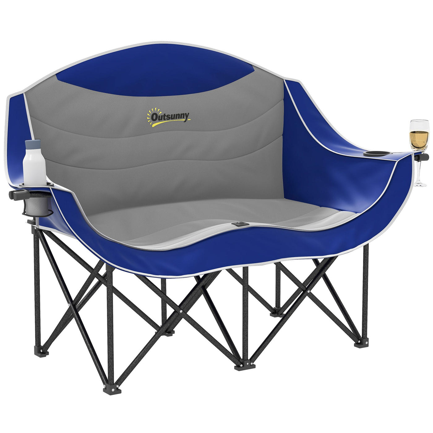 Outsunny Padded Folding Camp Chair for Adults, Double Camping Chairwith Armrests, Cup Holders, Carry Bag for Outdoor, Blue