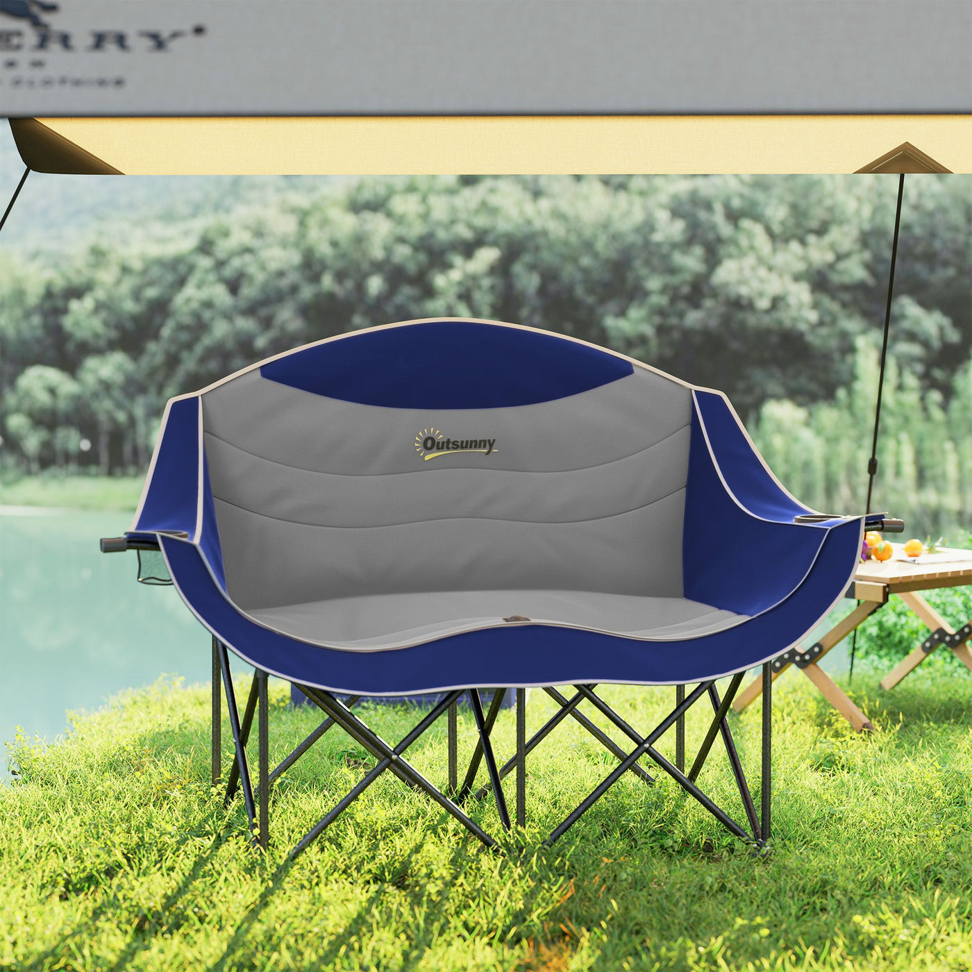 Outsunny Padded Folding Camp Chair for Adults, Double Camping Chairwith Armrests, Cup Holders, Carry Bag for Outdoor, Blue