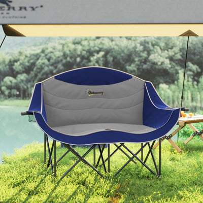 Outsunny Padded Folding Camp Chair for Adults, Double Camping Chairwith Armrests, Cup Holders, Carry Bag for Outdoor, Blue
