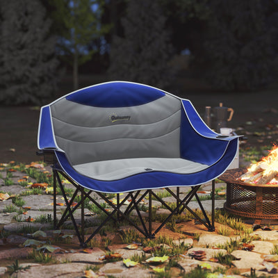 Outsunny Padded Folding Camp Chair for Adults, Double Camping Chairwith Armrests, Cup Holders, Carry Bag for Outdoor, Blue