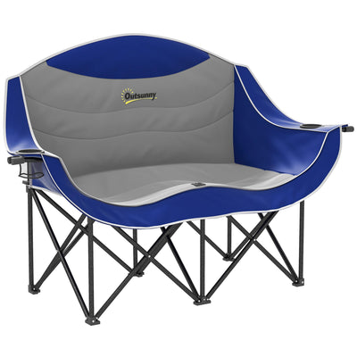 Outsunny Padded Folding Camp Chair for Adults, Double Camping Chairwith Armrests, Cup Holders, Carry Bag for Outdoor, Blue