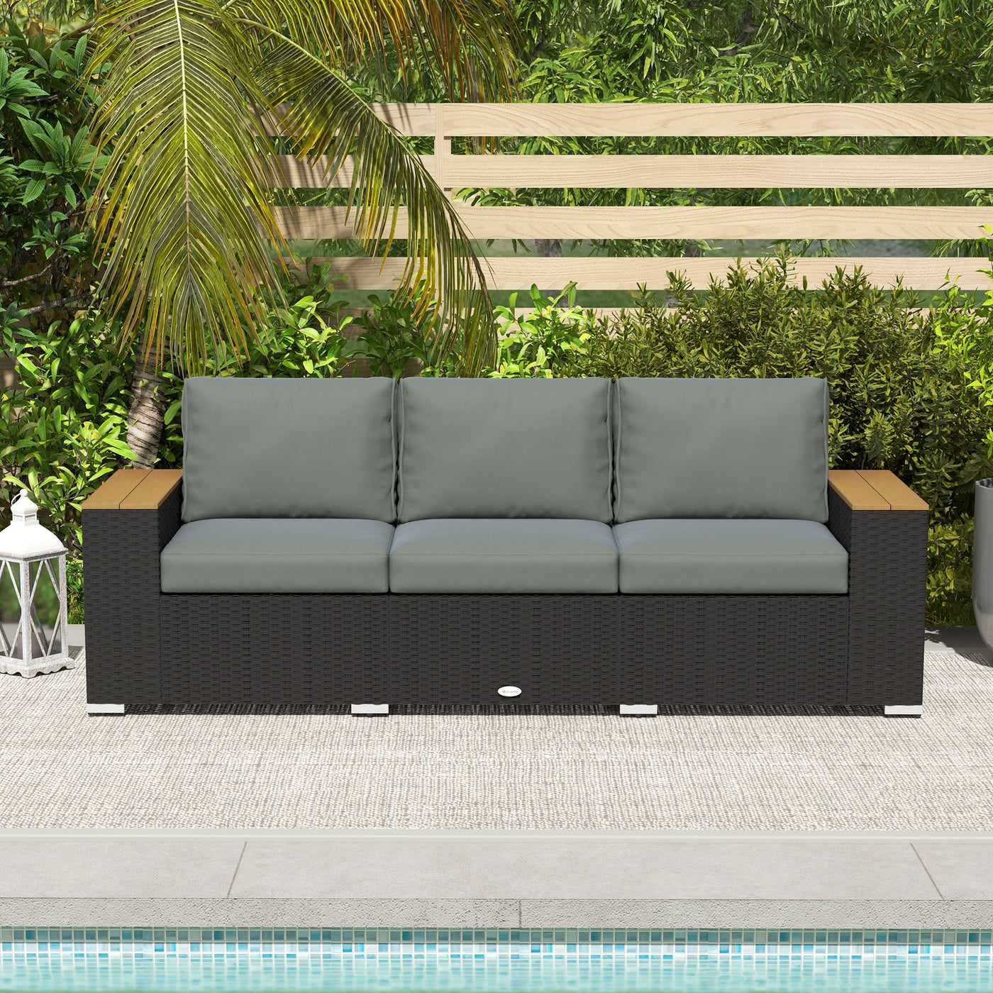 Outsunny 3-Seat Outdoor Patio Sofa with Cushions, PE Rattan Wicker Sofa with Wide Armrests, Outdoor Wicker Couch, Dark Gray