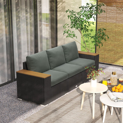 Outsunny 3-Seat Outdoor Patio Sofa with Cushions, PE Rattan Wicker Sofa with Wide Armrests, Outdoor Wicker Couch, Dark Gray