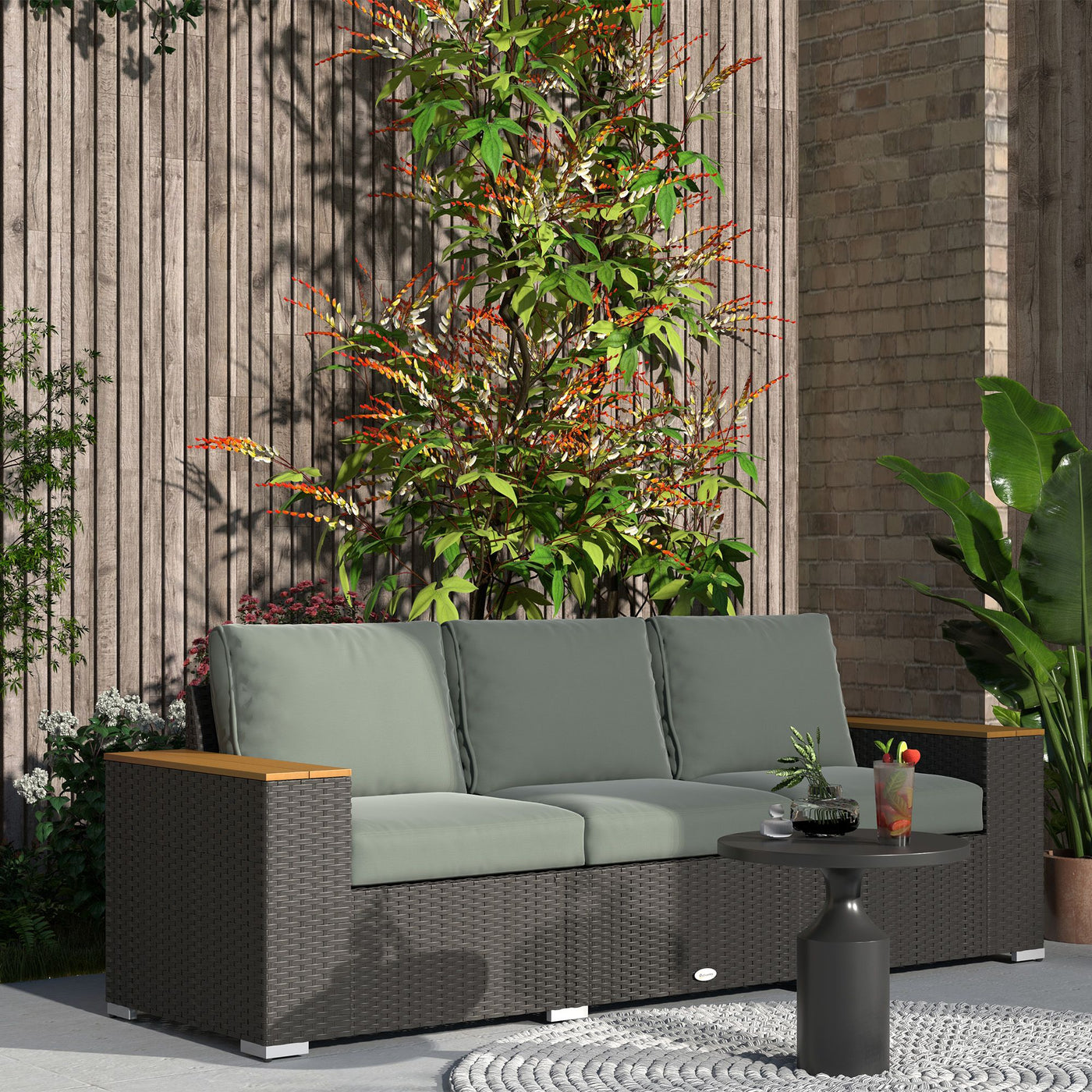 Outsunny 3-Seat Outdoor Patio Sofa with Cushions, PE Rattan Wicker Sofa with Wide Armrests, Outdoor Wicker Couch, Dark Gray