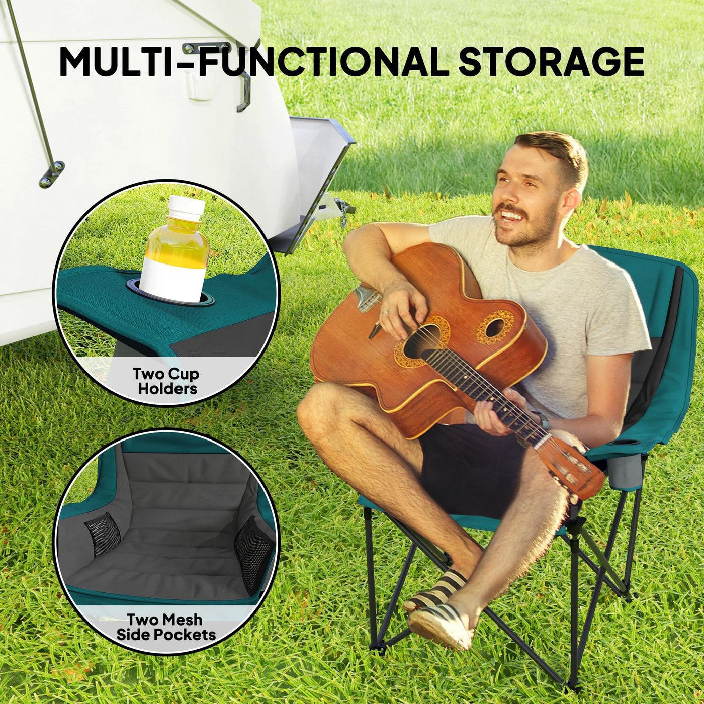 Outsunny Padded Camping Chair for Adults, Portable Folding Camping Chair with Side Pockets, Cup Holders, Carry Bag, Black