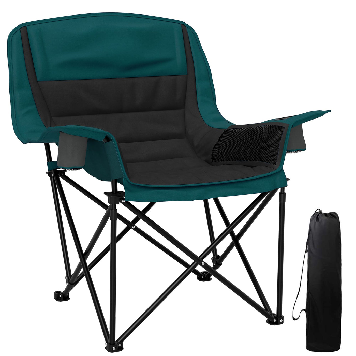 Outsunny Padded Camping Chair for Adults, Portable Folding Camping Chair with Side Pockets, Cup Holders, Carry Bag, Black