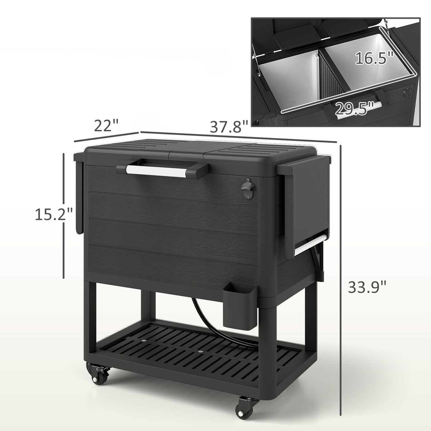 Outsunny 104 Quart Large Capacity Outdoor Cooler Cart, Patio Rolling Ice Chest with Bottle Opener Shelves Wheels, Black