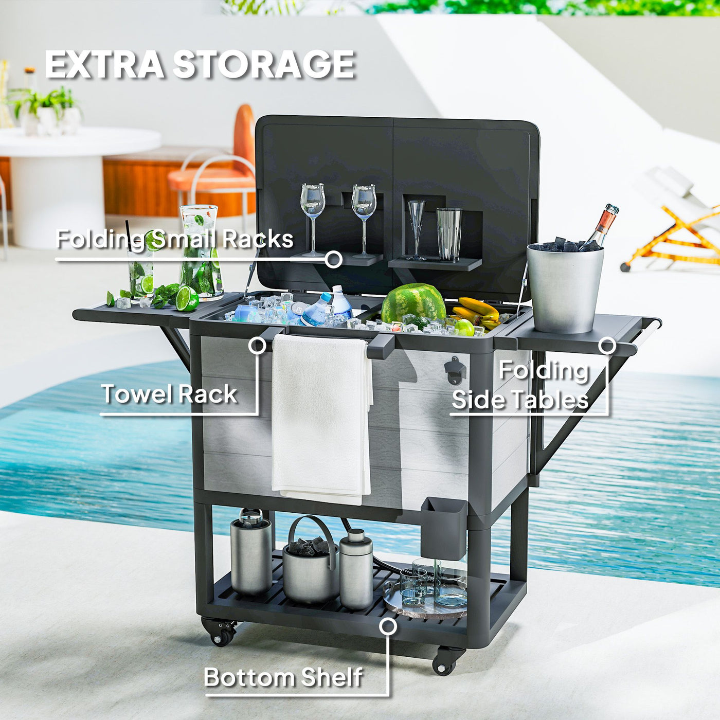 Outsunny 104 Quart Large Capacity Outdoor Cooler Cart, Patio Rolling Ice Chest with Bottle Opener Shelves Wheels, Gray