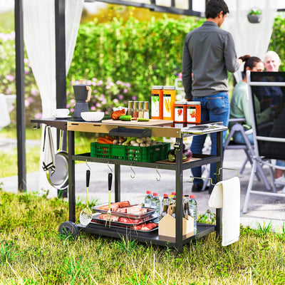 Outsunny Outdoor Bar Cart Grill Table with Stainless Steel Tabletop, Wheeled Outdoor Serving Cart Prep Table with Storage, Hooks