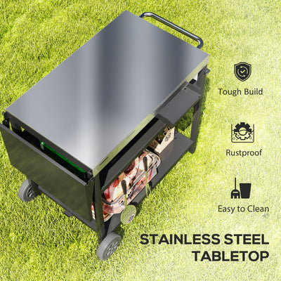 Outsunny Outdoor Bar Cart Grill Table with Stainless Steel Tabletop, Wheeled Outdoor Serving Cart Prep Table with Storage, Hooks
