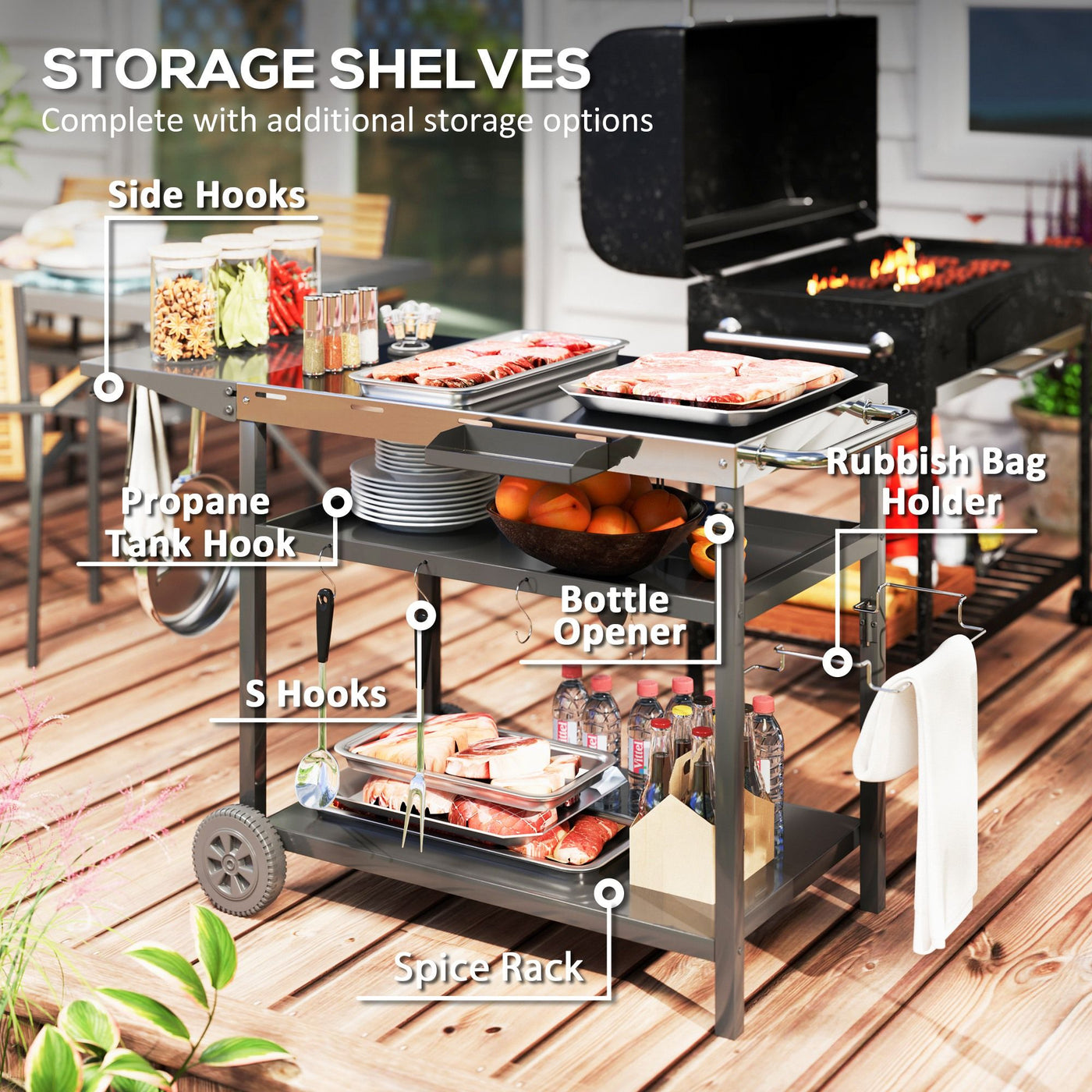 Outsunny Outdoor Bar Cart Grill Table with Stainless Steel Tabletop, Wheeled Outdoor Serving Cart Prep Table with Storage, Hooks