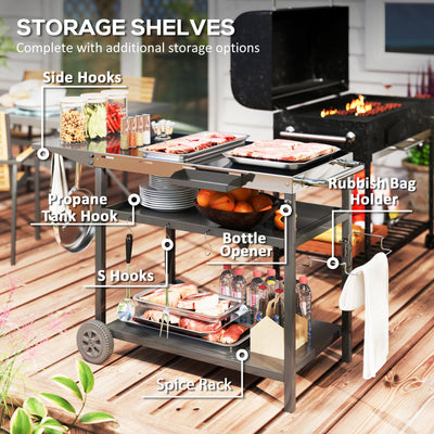 Outsunny Outdoor Bar Cart Grill Table with Stainless Steel Tabletop, Wheeled Outdoor Serving Cart Prep Table with Storage, Hooks