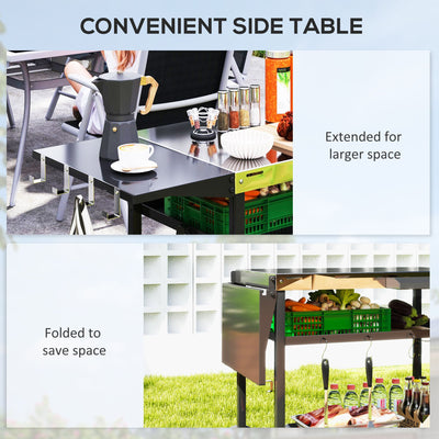 Outsunny Outdoor Bar Cart Grill Table with Stainless Steel Tabletop, Wheeled Outdoor Serving Cart Prep Table with Storage, Hooks