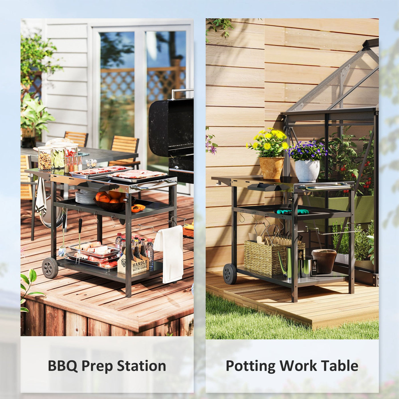 Outsunny Outdoor Bar Cart Grill Table with Stainless Steel Tabletop, Wheeled Outdoor Serving Cart Prep Table with Storage, Hooks