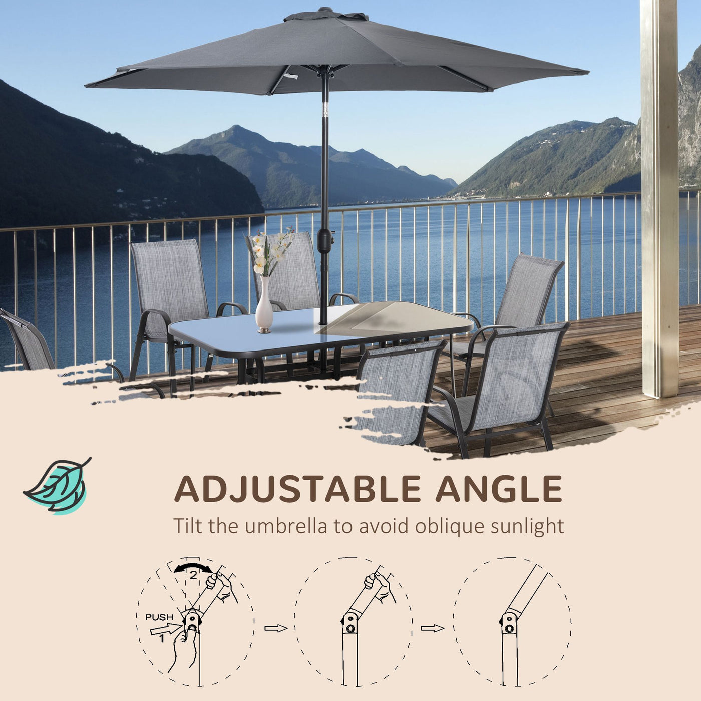 Outsunny 8 Pieces Outdoor Dining Table and Chairs, with Adjustable Table Umbrella, Fast-Drying Fabric, 6 Chairs and Dining Table, Grey