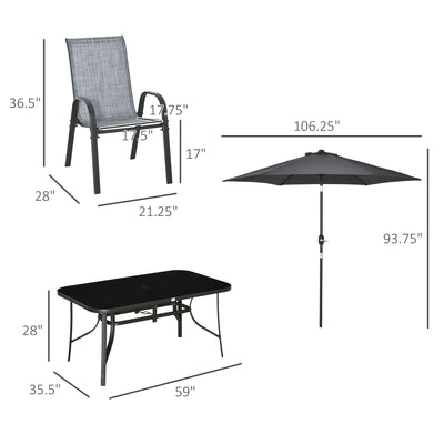 Outsunny 8 Pieces Outdoor Dining Table and Chairs, with Adjustable Table Umbrella, Fast-Drying Fabric, 6 Chairs and Dining Table, Grey