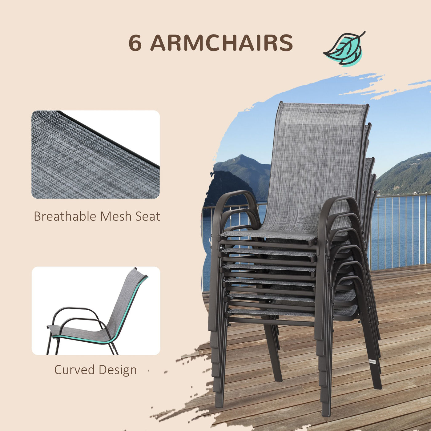 Outsunny 8 Pieces Outdoor Dining Table and Chairs, with Adjustable Table Umbrella, Fast-Drying Fabric, 6 Chairs and Dining Table, Grey