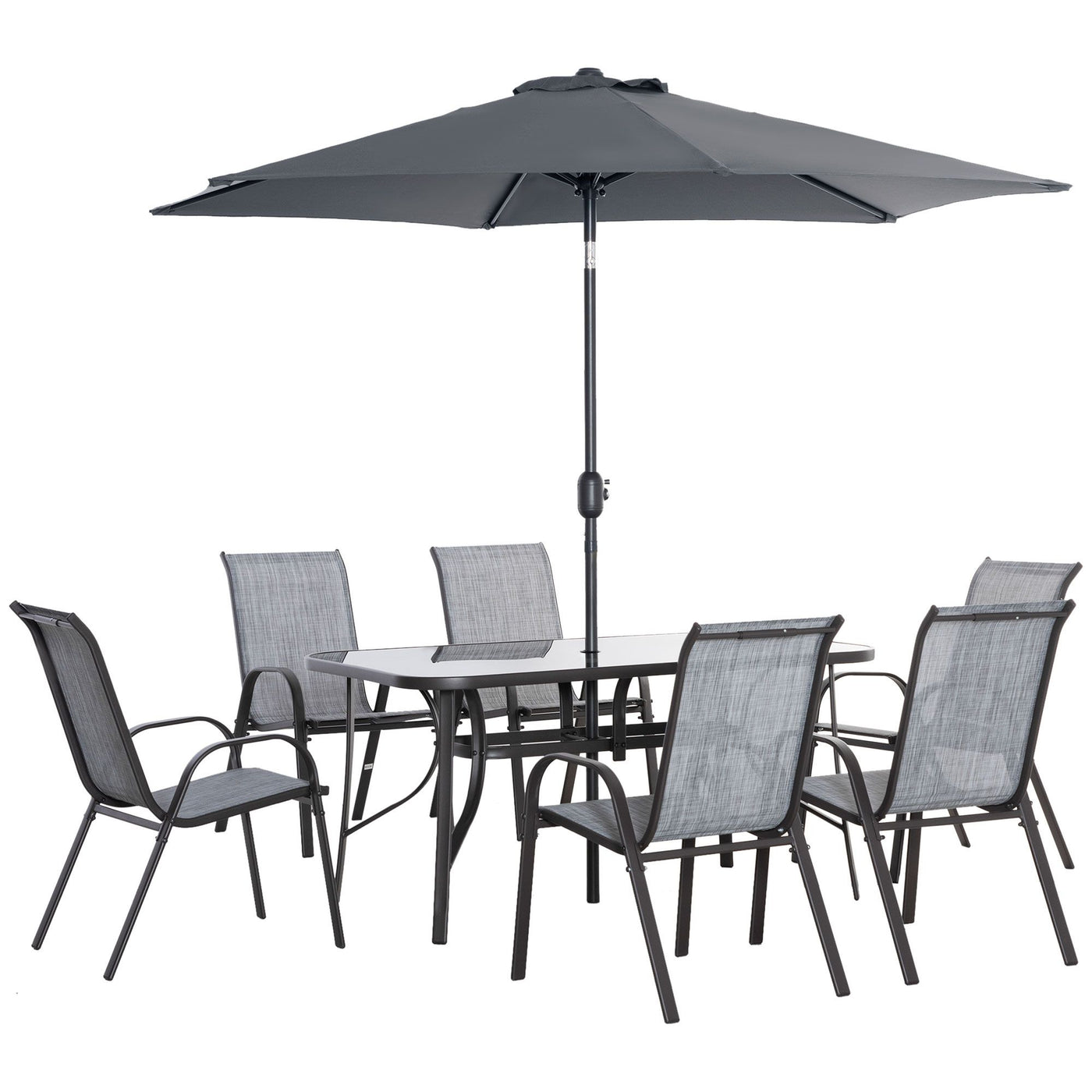 Outsunny 8 Pieces Outdoor Dining Table and Chairs, with Adjustable Table Umbrella, Fast-Drying Fabric, 6 Chairs and Dining Table, Grey