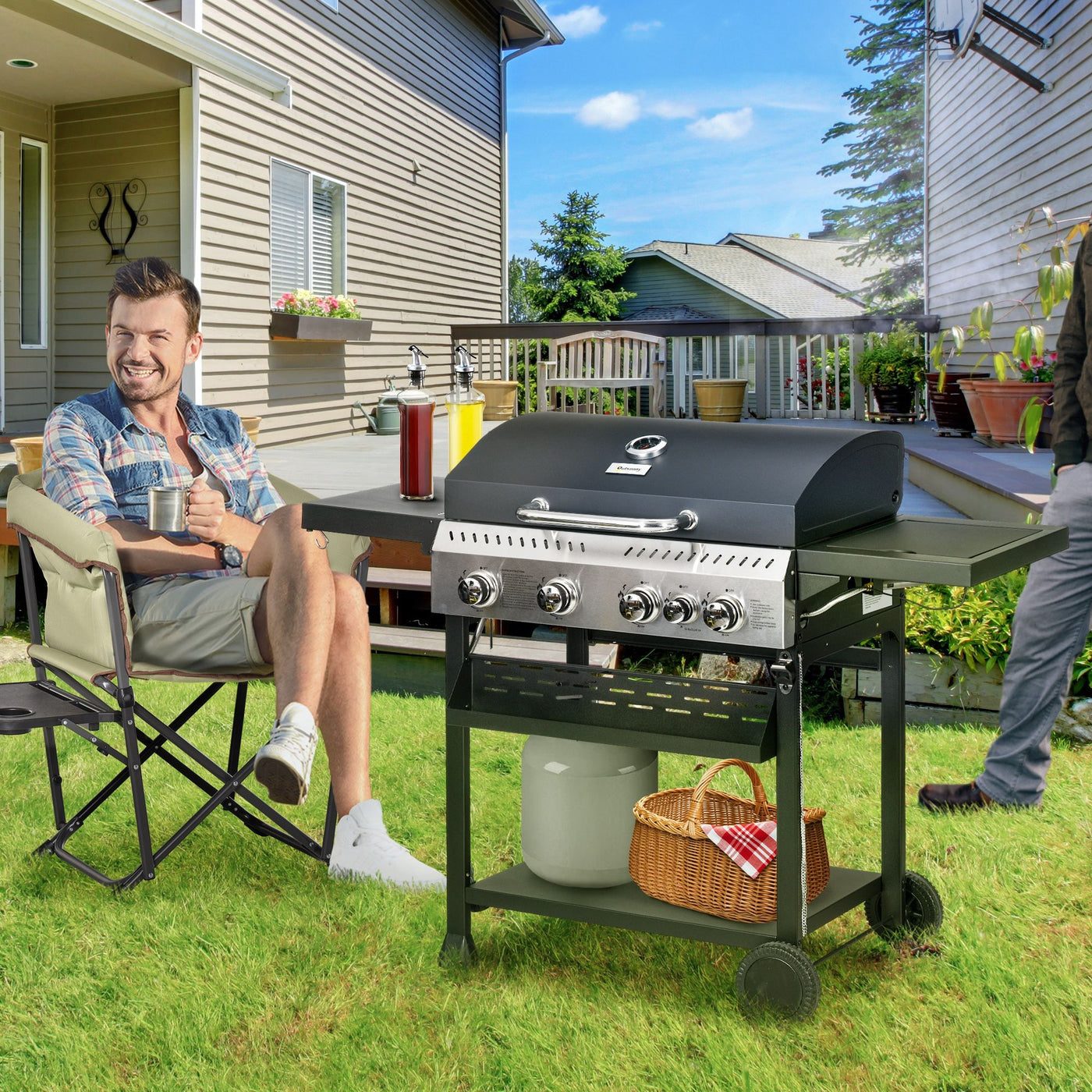 Outsunny Propane Gas Grill 4+1 Burner 40000 BTU BBQ Trolley with Warming Rack Shelves Bottle Opener Thermometer