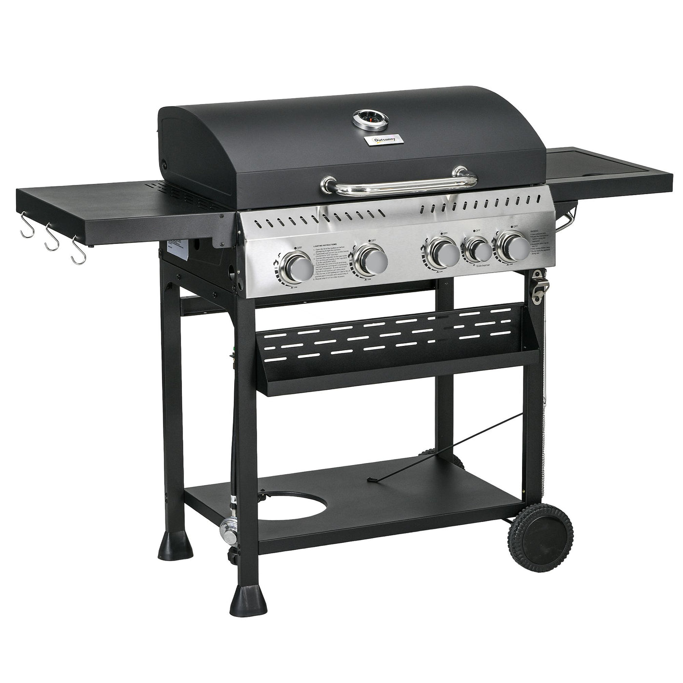 Outsunny Propane Gas Grill 4+1 Burner 40000 BTU BBQ Trolley with Warming Rack Shelves Bottle Opener Thermometer