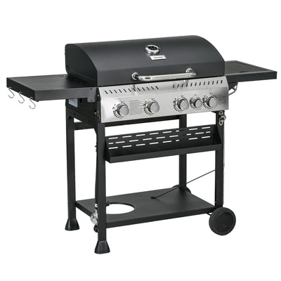 Outsunny Propane Gas Grill 4+1 Burner 40000 BTU BBQ Trolley with Warming Rack Shelves Bottle Opener Thermometer