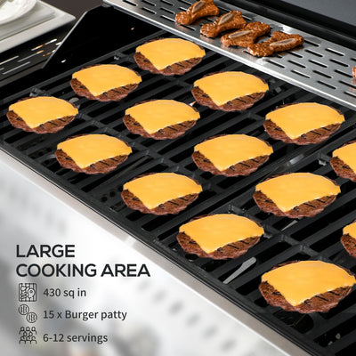 Outsunny Propane Gas Grill 4+1 Burner 40000 BTU BBQ Trolley with Warming Rack Shelves Bottle Opener Thermometer