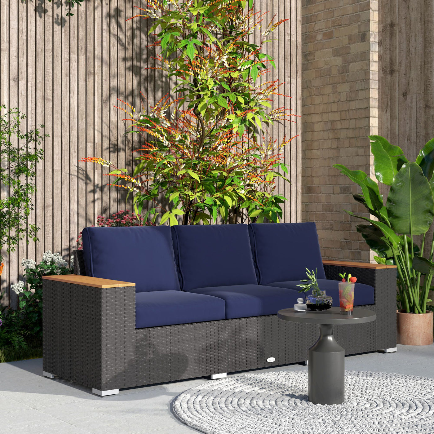 Outsunny 3-Seat Outdoor Patio Sofa with Cushions, PE Rattan Wicker Sofa with Wide Armrests, Outdoor Wicker Couch, Navy Blue