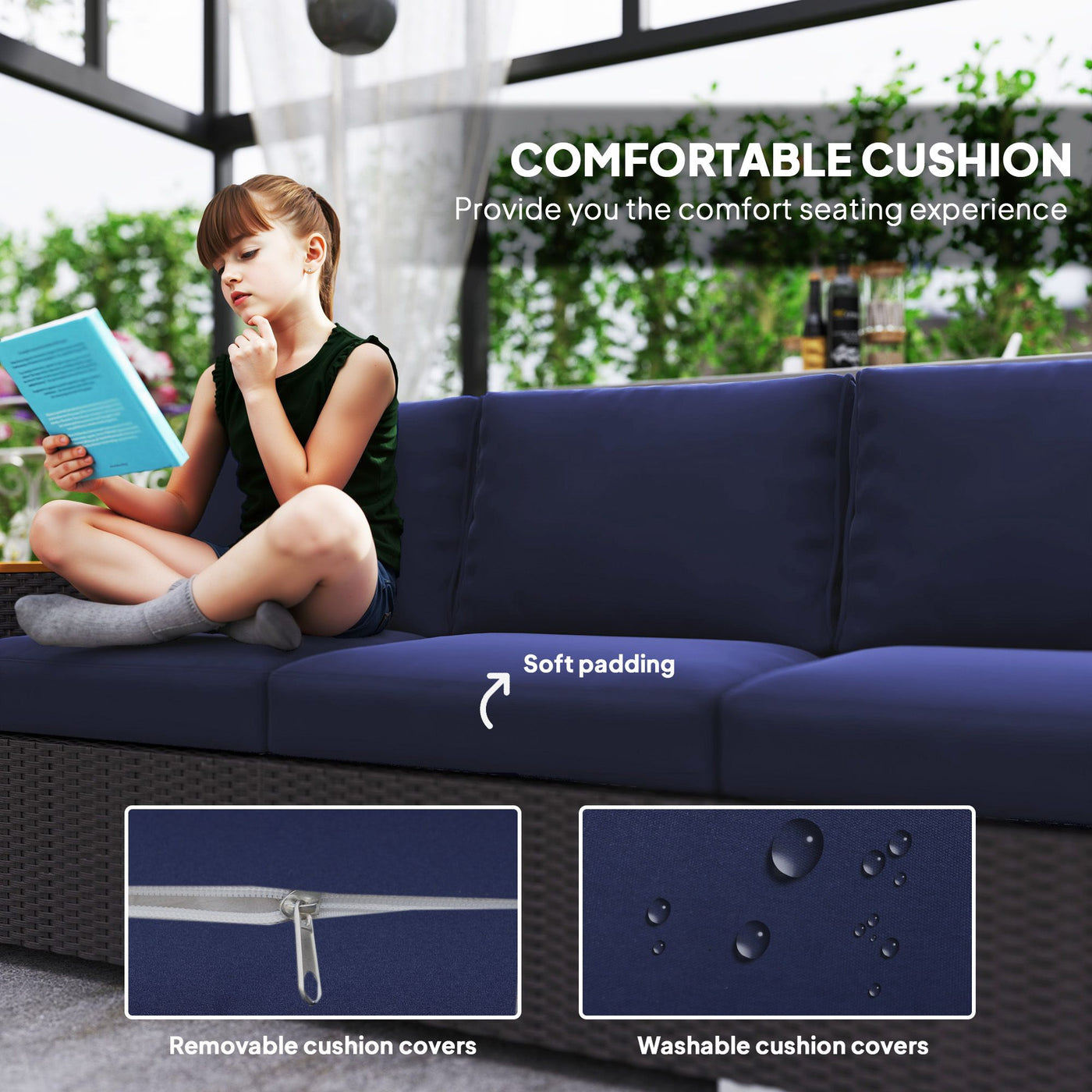 Outsunny 3-Seat Outdoor Patio Sofa with Cushions, PE Rattan Wicker Sofa with Wide Armrests, Outdoor Wicker Couch, Navy Blue