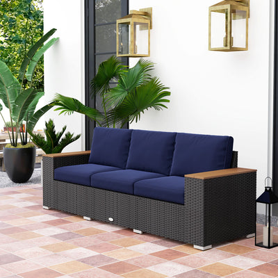 Outsunny 3-Seat Outdoor Patio Sofa with Cushions, PE Rattan Wicker Sofa with Wide Armrests, Outdoor Wicker Couch, Navy Blue