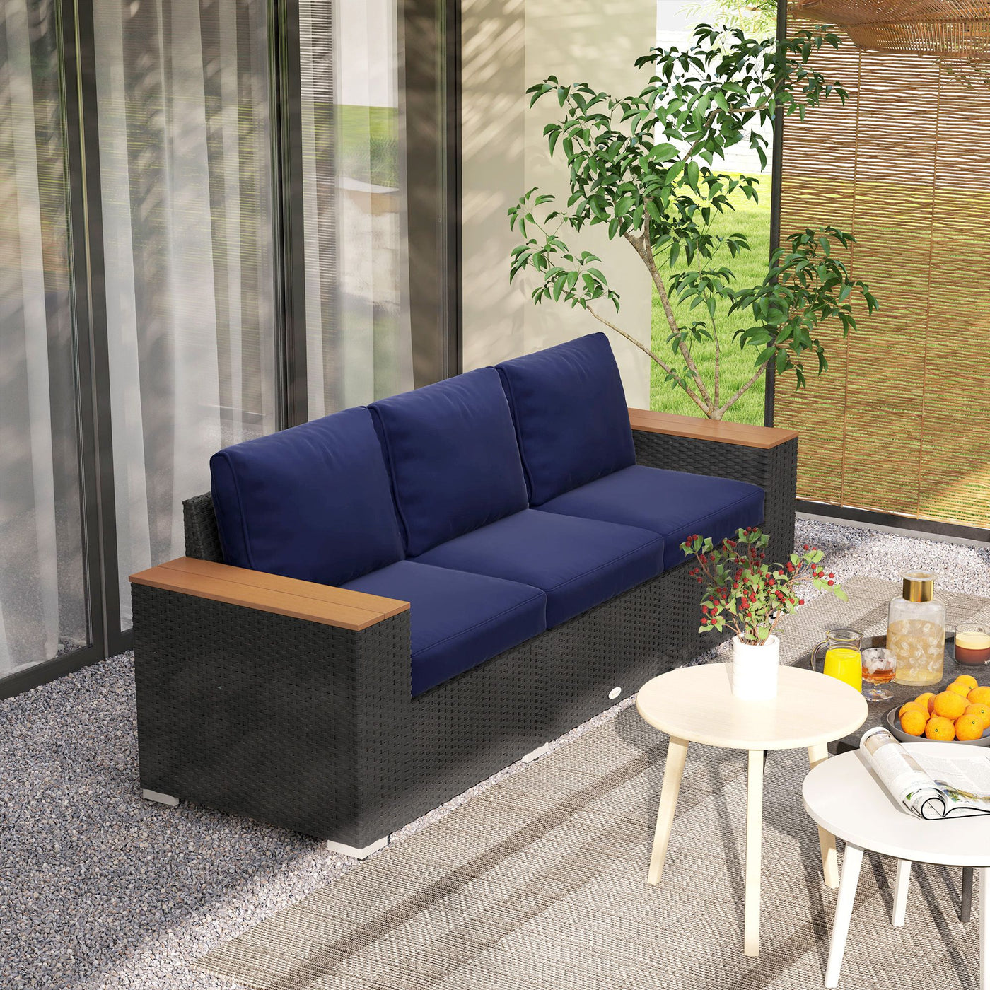Outsunny 3-Seat Outdoor Patio Sofa with Cushions, PE Rattan Wicker Sofa with Wide Armrests, Outdoor Wicker Couch, Navy Blue