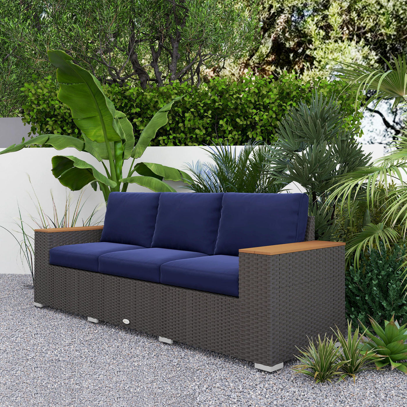 Outsunny 3-Seat Outdoor Patio Sofa with Cushions, PE Rattan Wicker Sofa with Wide Armrests, Outdoor Wicker Couch, Navy Blue