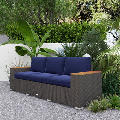Outsunny 3-Seat Outdoor Patio Sofa with Cushions, PE Rattan Wicker Sofa with Wide Armrests, Outdoor Wicker Couch, Navy Blue