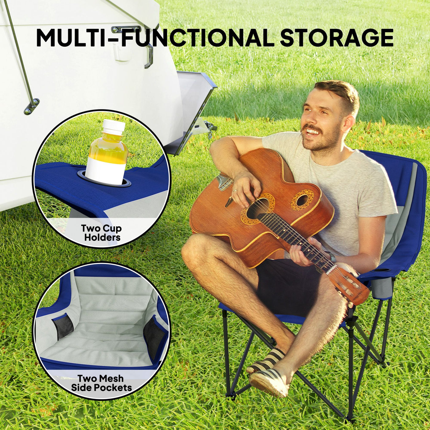 Outsunny Padded Camping Chair for Adults, Portable Folding Camping Chair with Side Pockets, Cup Holders, Carry Bag, Light Gray