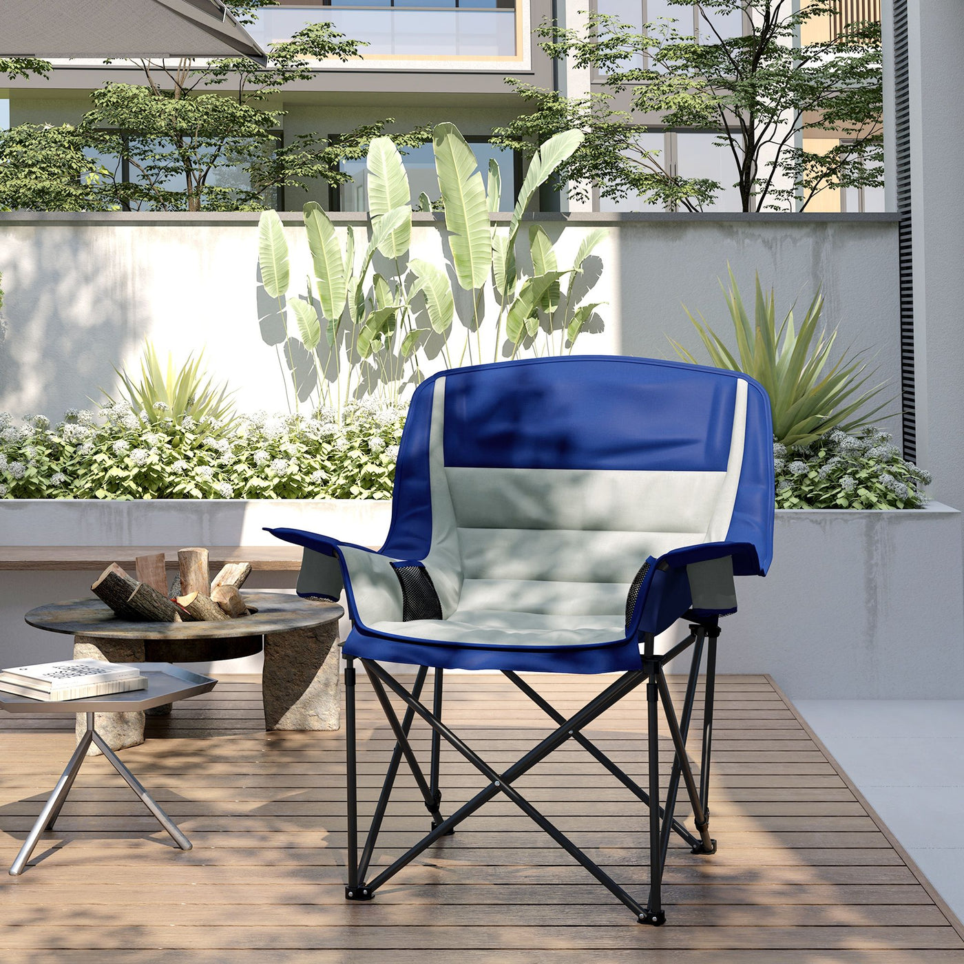 Outsunny Padded Camping Chair for Adults, Portable Folding Camping Chair with Side Pockets, Cup Holders, Carry Bag, Light Gray